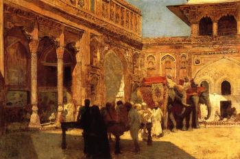 Edwin Lord Weeks : Elephants and Figures in a Courtyard Fort Agra